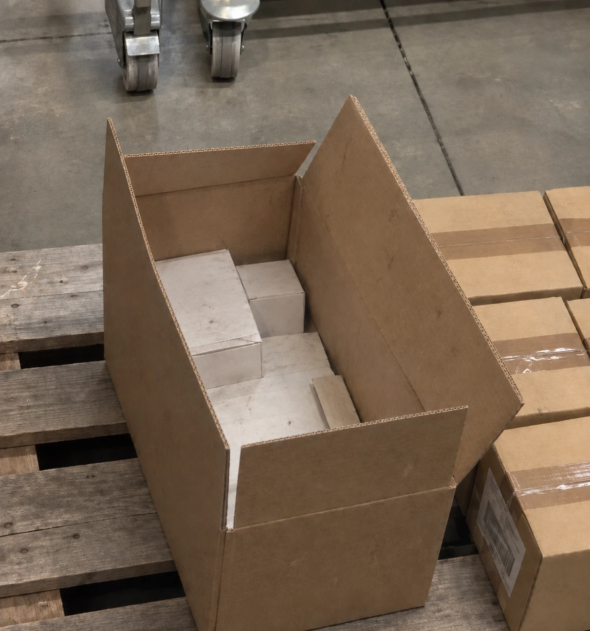 Carton ouvert sur une palette en entrepôt, contenant plusieurs petites boîtes métalliques espacées, laissant un grand volume de vide au-dessus et autour des produits.