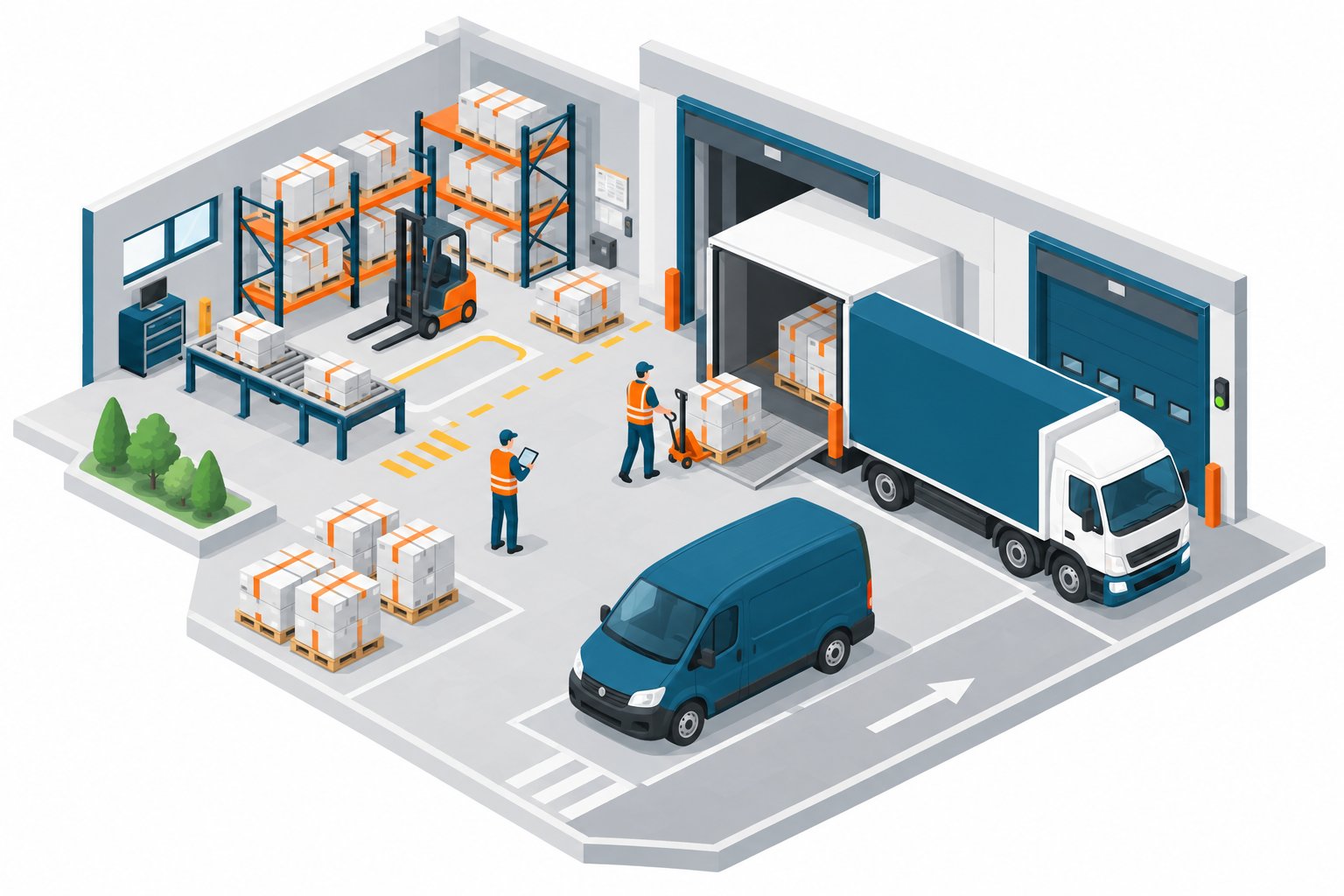 Illustration isométrique d'un entrepôt logistique : préparation de commandes, chariot élévateur, gestion des stocks et de la réception.