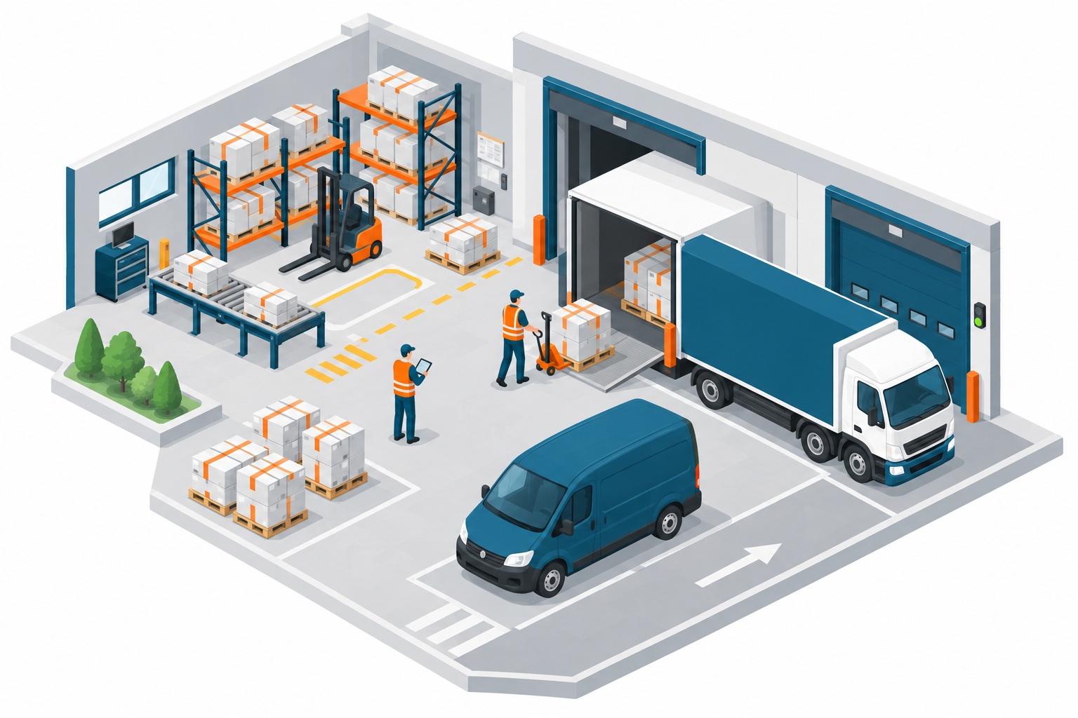 Illustration isométrique d'un entrepôt logistique : préparation de commandes, chariot élévateur, gestion des stocks et de la réception.