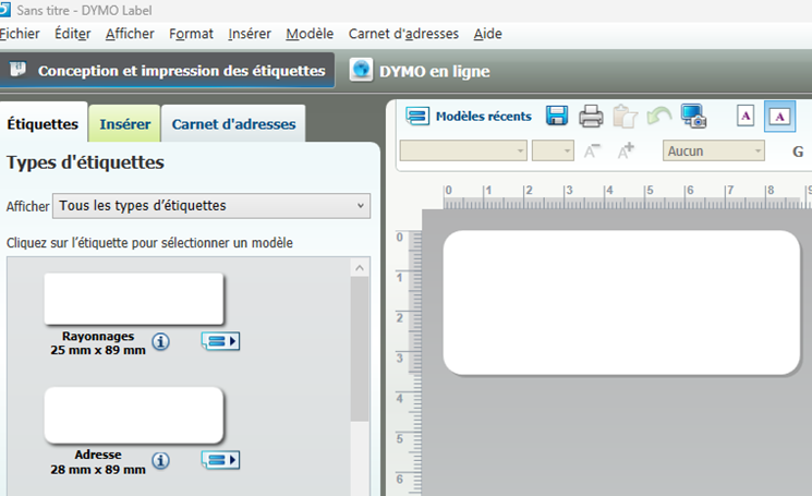 Ecran de sélection de la taille d'étiquette DYMO Labell Software
